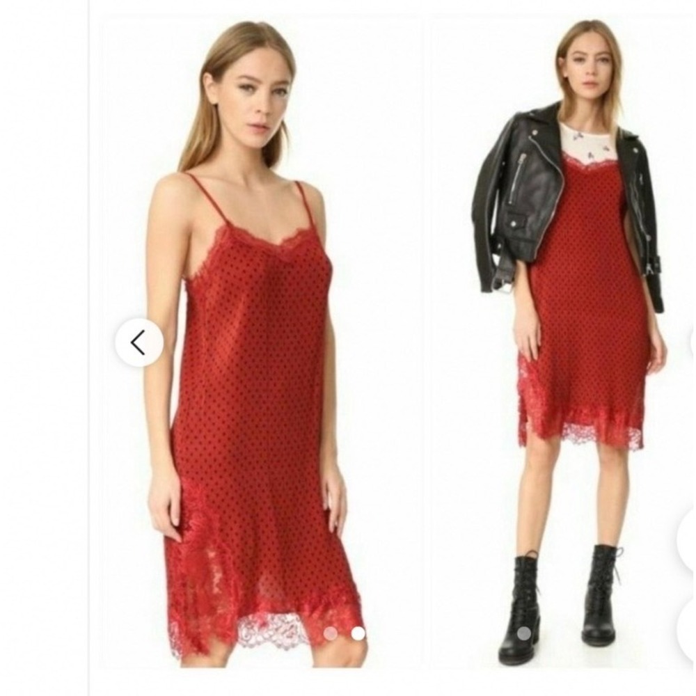 Free People Polka Dot Pleated Lace Trim Slip ONLY‎ Dress Red Burgundy Size 0